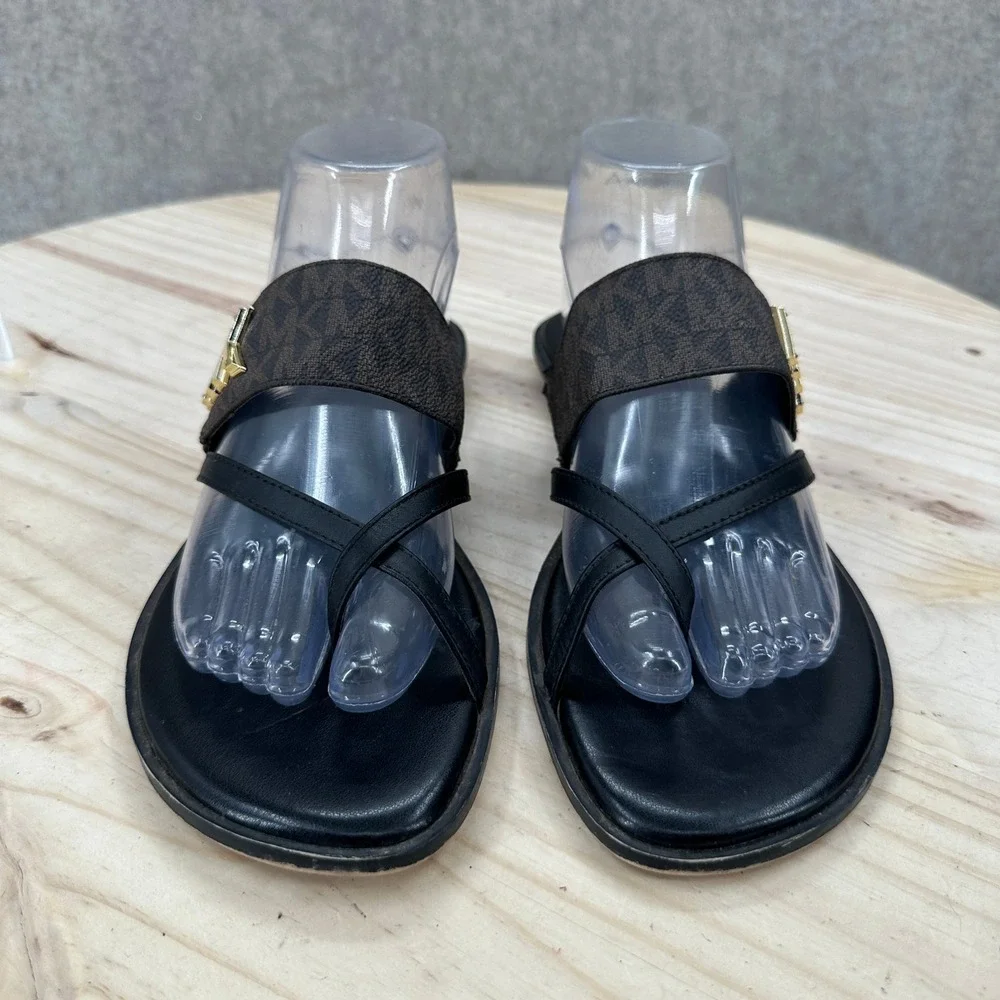 Michael Kors Sidney Flat Sandals Womens 8.5M Brown Black Logo Thong Slide